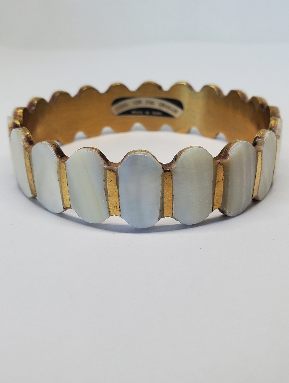 Vintage Carol For Eva Graham Mother Of Pearl Brass Bangle Bracelet